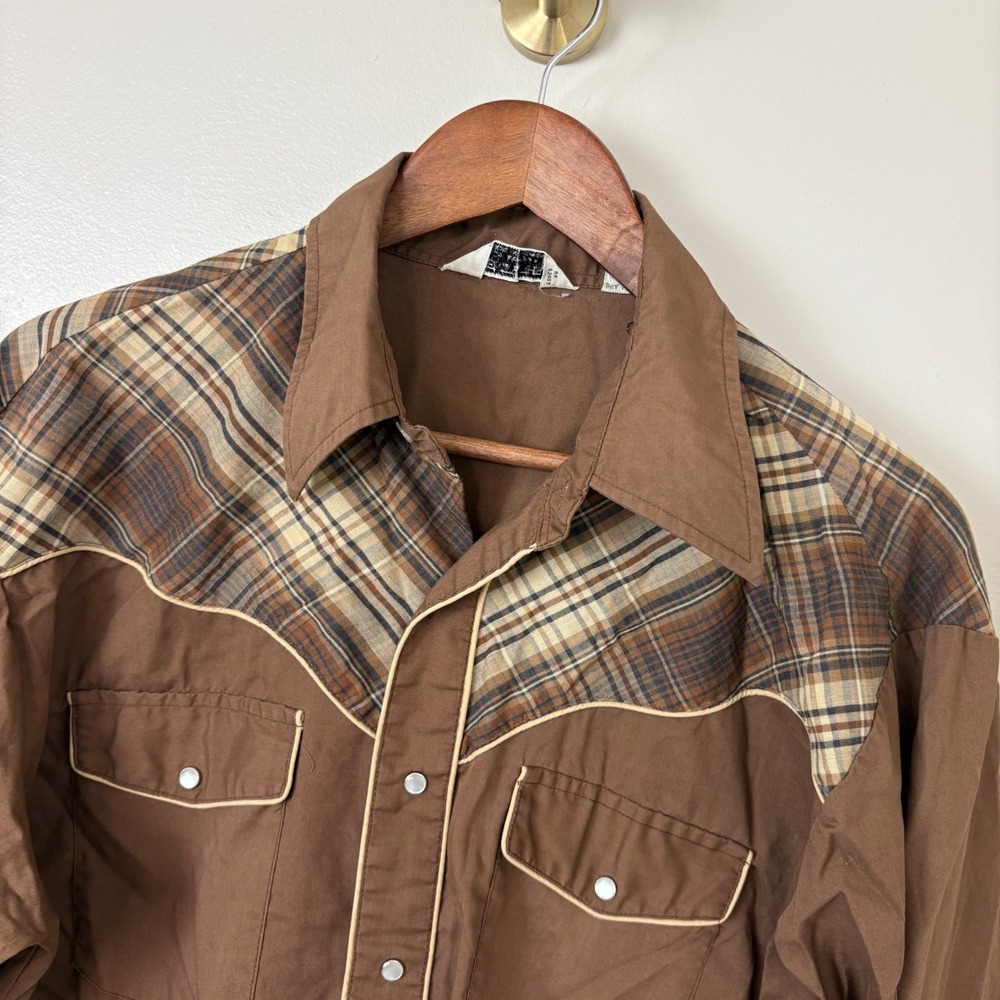 VTG 90s Western Shirt Mens Fits Like Large Brown Plaid Pearl Snap Cowboy Rodeo